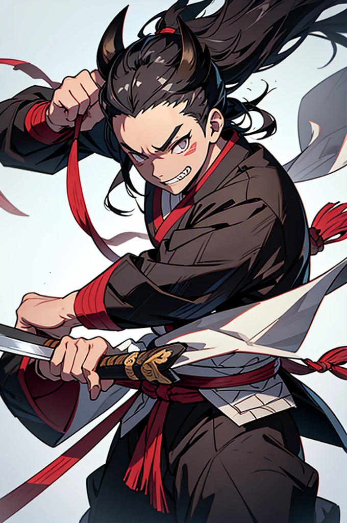 Create a detailed and dynamic illustration of Inosuke Hashibira from Demon Slayer: Kimetsu no Yaiba. Inosuke must be in an action pose, wielding his two Nichirin blades. He is wearing his signature boar's head helmet and his wild, muscular appearance is on display.. The background must feature a forest or a battlefield, reflecting the intense and adventurous nature of the series. The art style should be vibrant and detailed, capturing the energy and spirit of the character