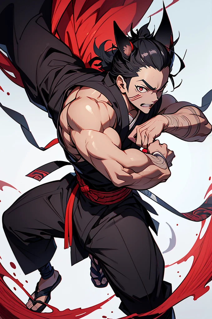 Create a detailed and dynamic illustration of Inosuke Hashibira from Demon Slayer: Kimetsu no Yaiba. Inosuke must be in an action pose, wielding his two Nichirin blades. He is wearing his signature boar&#39;s head helmet and his wild, muscular appearance is on display.. The background must feature a forest or a battlefield, reflecting the intense and adventurous nature of the series. The art style should be vibrant and detailed, capturing the energy and spirit of the character