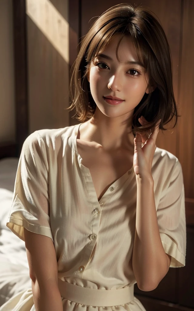 (RAW Photos, Highest quality), (Realistic, Photorealistic:1.3), masterpiece, Very delicate and beautiful, Soft Light, (Brown Hair, short hair, bangs), Beautiful detailed girl, (Detailed fingers), Highly detailed eyes and face, Beautifully detailed nose, Beautiful attention to detail, 1 Girl, Japanese, Pure beauty, cute, young, smile, Dress shirt, skirt, (Half Body:1.3), (Medium chest), Realistic face, Realistic body, indoor, whole body