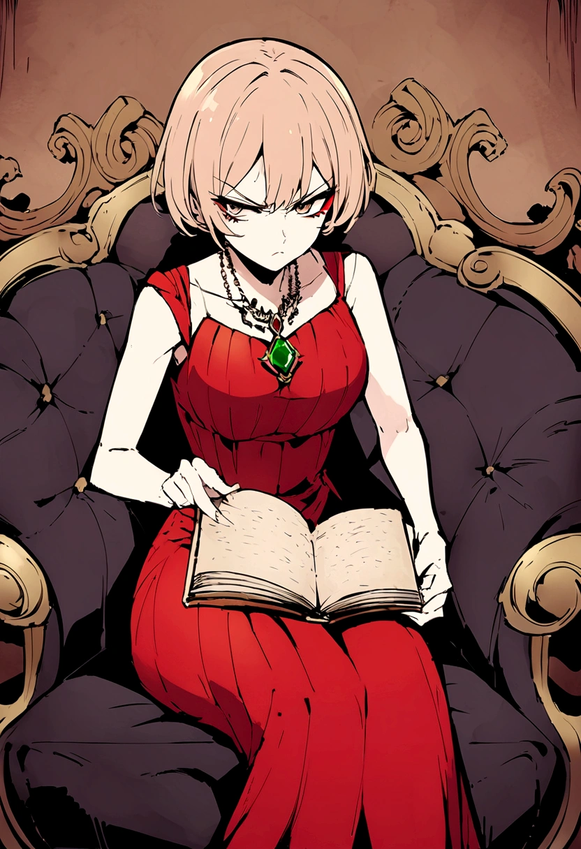 Drawing of a woman in a red dress sitting on a sofa,Holding a diary,Wearing a necklace with a Tuscan-colored gemstone pendant,Exquisite makeup,The temperament of the superior,An angry look,Beautiful artwork illustration,Shinkai Makoto style