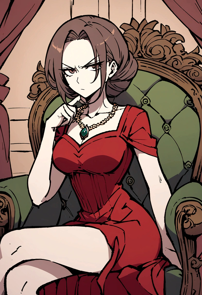 Drawing of a woman in a red dress sitting on a sofa,Holding a diary,Wearing a necklace with a Tuscan-colored gemstone pendant,Exquisite makeup,The temperament of the superior,An angry look,Beautiful artwork illustration,Shinkai Makoto style