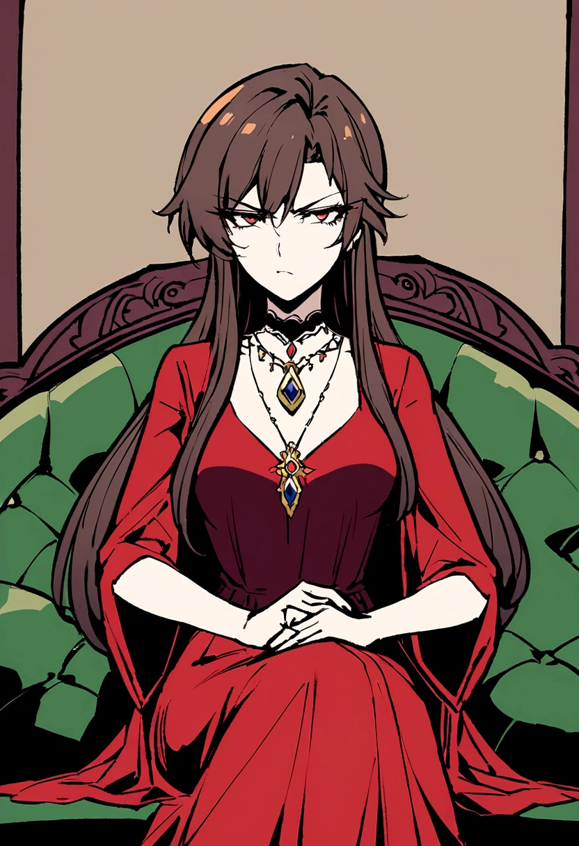 Drawing of a woman in a red dress sitting on a sofa,Holding a diary,Wearing a necklace with a Tuscan-colored gemstone pendant,Exquisite makeup,The temperament of the superior,An angry look,Beautiful artwork illustration,Shinkai Makoto style