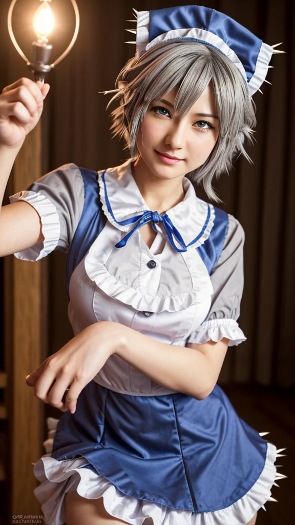 ((16 Nights Sakiya)), ((Touhou Project)), Cosplay, 20-year-old woman, (((gray hair)), ((medium spiky hair)), ((blue maid outfit)), ((white blouse)), midchest, (light)))), (pose))), (photorealistic photo: 1.3), rim lighting, (high detail skin:1.2), 8K UHD, dslr, high quality, high resolution, 4K, 8K, Bokeh, Absurdity, Best ratio four fingers and one thumb, (Real:1.3), Cutest 1 Girl, Lots of Knives