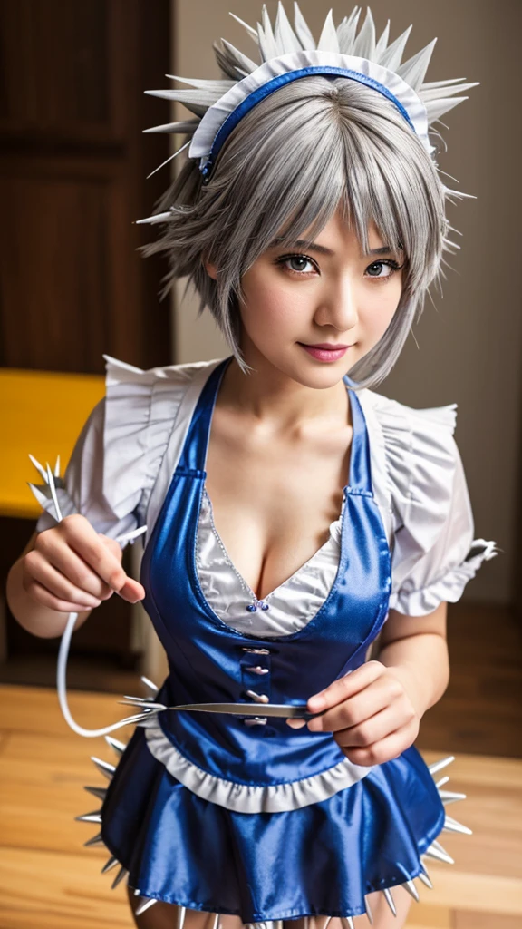 ((16 Nights Sakiya)), ((Touhou Project)), Cosplay, 20-year-old woman, (((gray hair)), ((medium spiky hair)), ((blue maid outfit)), ((white blouse)), midchest, (light)))), (pose))), (photorealistic photo: 1.3), rim lighting, (high detail skin:1.2), 8K UHD, dslr, high quality, high resolution, 4K, 8K, Bokeh, Absurdity, Best ratio four fingers and one thumb, (Real:1.3), Cutest 1 Girl, Lots of Knives