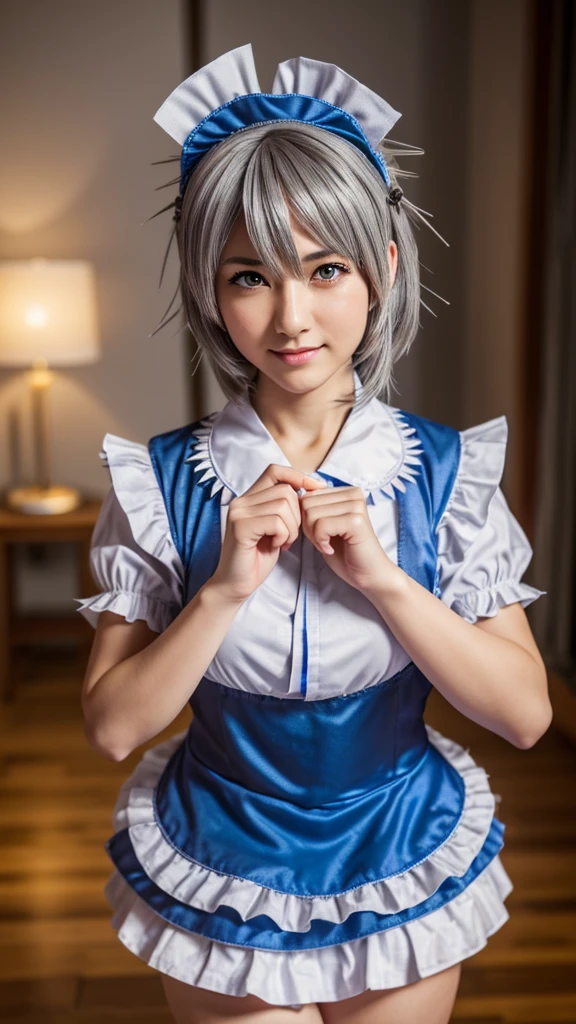 ((16 Nights Sakiya)), ((Touhou Project)), Cosplay, 20-year-old woman, (((gray hair)), ((medium spiky hair)), ((blue maid outfit)), ((white blouse)), midchest, (light)))), (pose))), (photorealistic photo: 1.3), rim lighting, (high detail skin:1.2), 8K UHD, dslr, high quality, high resolution, 4K, 8K, Bokeh, Absurdity, Best ratio four fingers and one thumb, (Real:1.3), Cutest 1 Girl, Lots of Knives