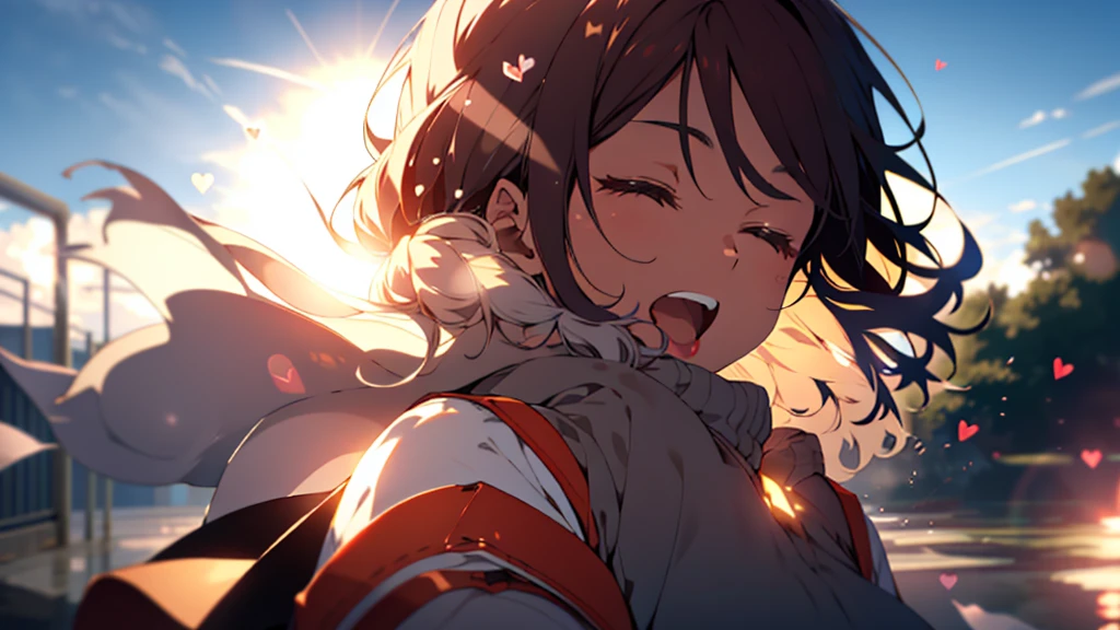 girl, Upper Body, (LOL:1.1), (Open your mouth:1.1), close your eyes, Sun glare, Bokeh, Depth of written boundary, Blurred Background, Particles of light, Strong winds, (Heart Particles:1.2)