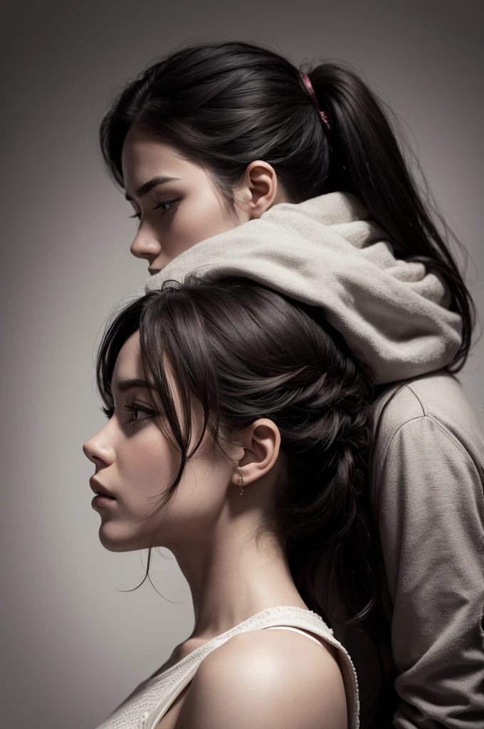 Man facing a woman holding on to her shoulders, both seen in profile