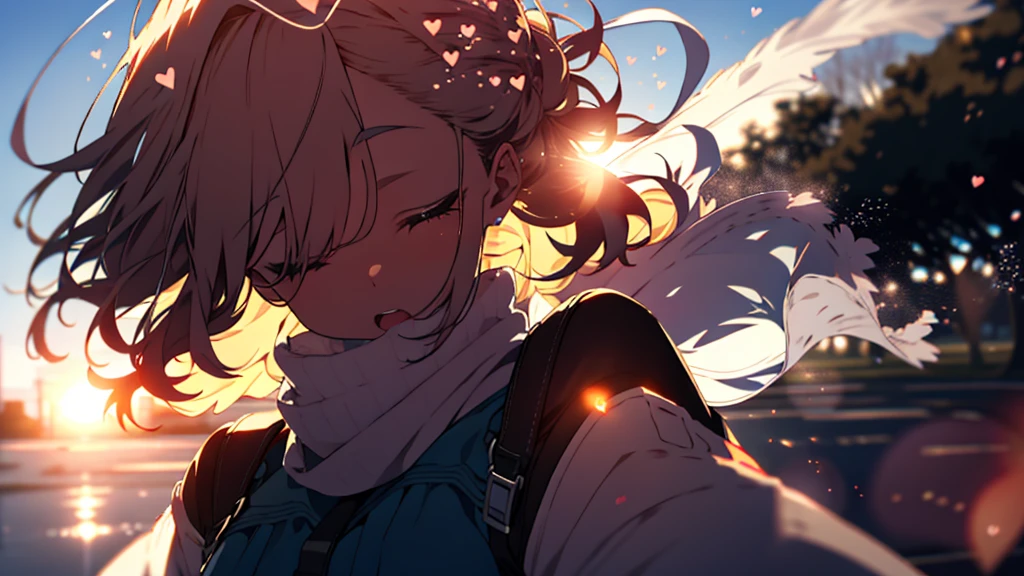 girl, Upper Body, (LOL:1.1), (Open your mouth:1.1), close your eyes, Sun glare, Bokeh, Depth of written boundary, Blurred Background, Particles of light, Strong winds, (Heart Particles:1.2)