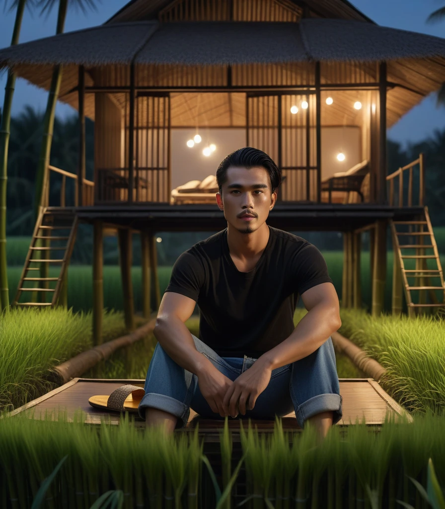 long shot of a indonesian handsome man with an ideal body, black hair in a ponytail, wearing a t-shirt, levis shorts, slippers, sitting back in a bamboo house in the middle of a rice field while smoking, gaze at the camera, night view, soft bokeh on the foreground, hd, 8k, ultra realism, ultra details, hyperrealistic, masterpiece