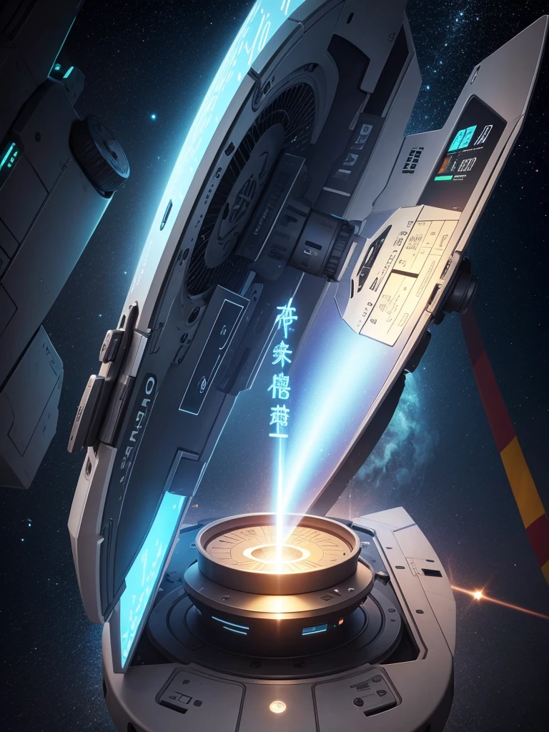 A sci-fi holographic datapat on top of the message with text, ships, planetes, like a notepad.