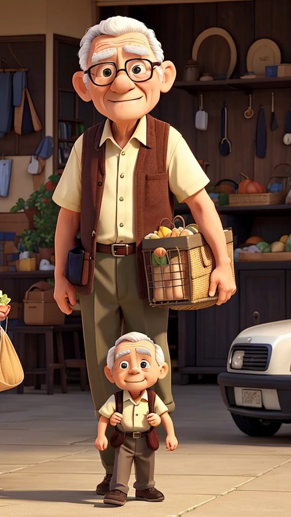 An elderly man struggling to carry groceries and young boy helps him