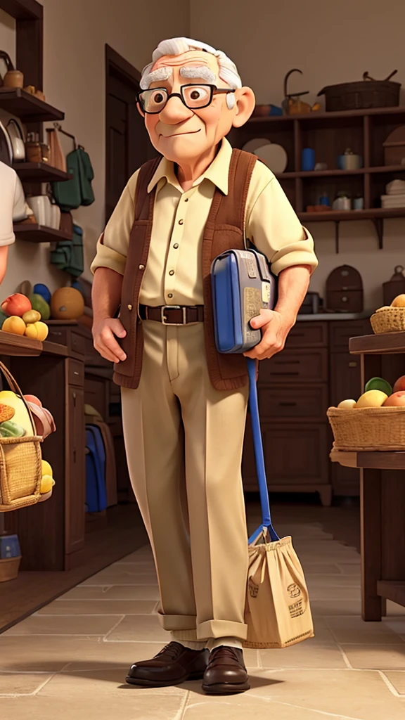 An elderly man struggling to carry groceries and young boy helps him