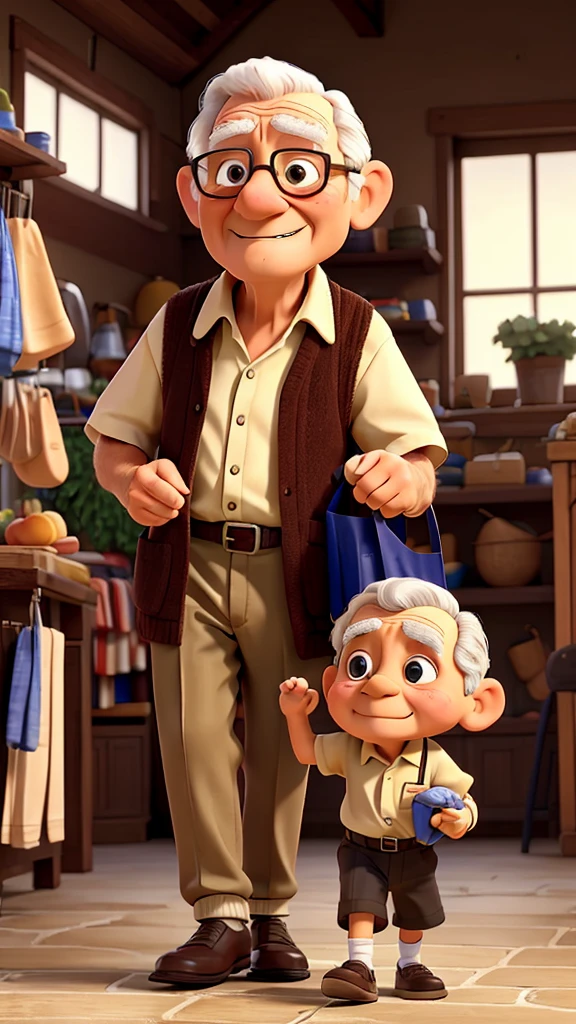 An elderly man struggling to carry groceries and young boy helps him 