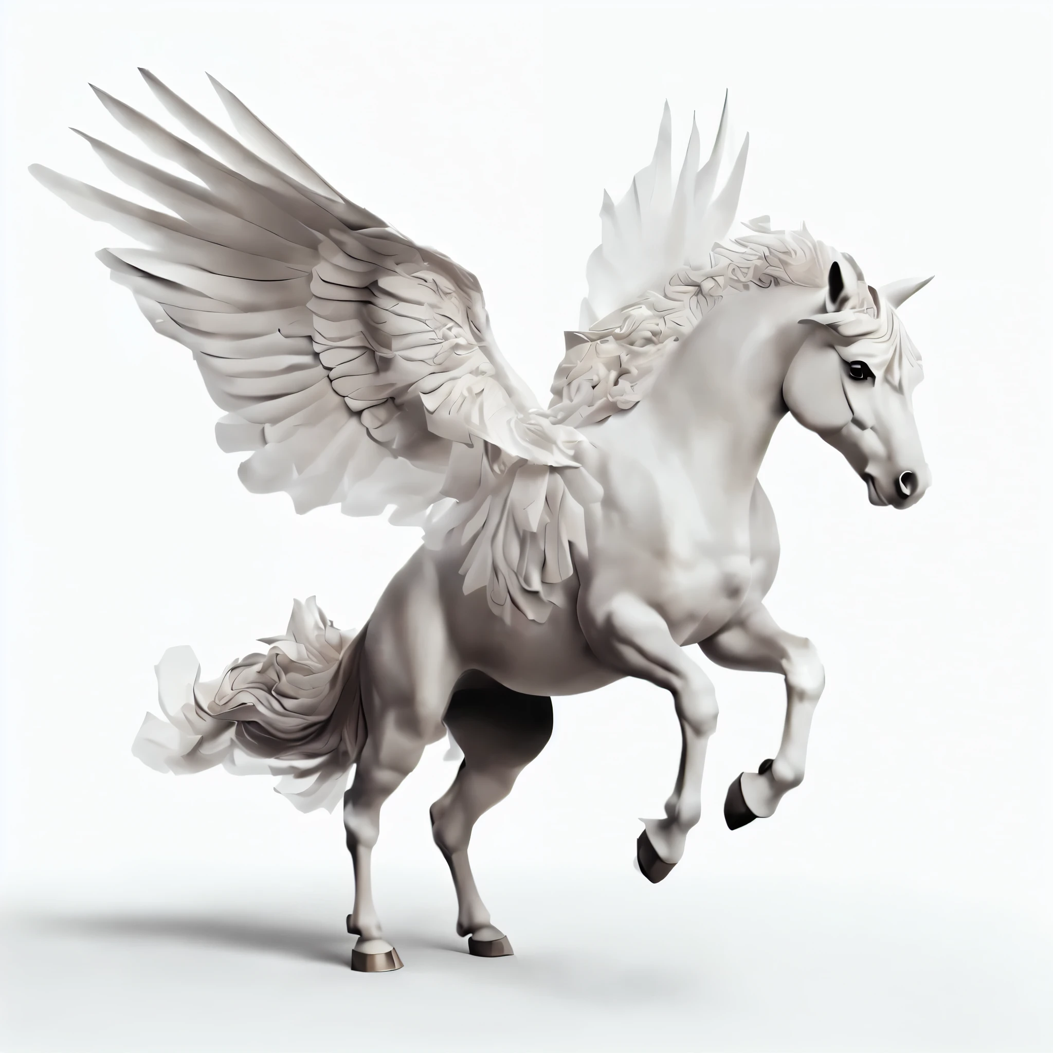 Arafaed's white horse with wings on a white background, Pegasus, unicorn flying in the sky, with hooves and wings, white unicorn, unicorn, a unicorn, Mythical creatures, a Mythical creatures, Mythical creaturess, Winged, flying mythical beasts, unicorn from the tusk movie, White Wings, with large wings, Ophanim has the wings of a bird