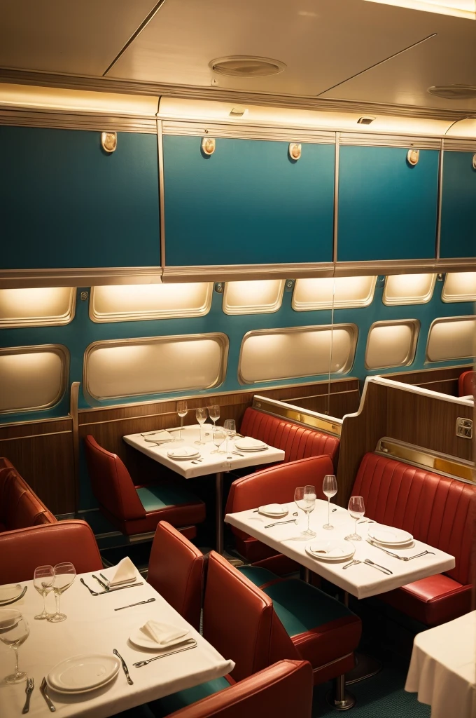 ((best quality)), ((masterpiece)), (detailed) A restaurant decorated like a 1960s airport, with vintage flight attendant uniforms and tables in airplane cabins. 