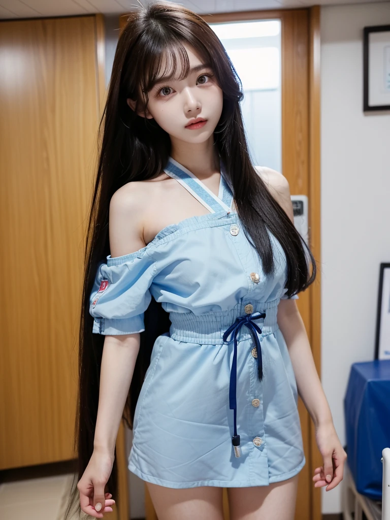 Beautiful woman wearing a blue sky Wearing clothes mini dress with decorations on the shirt and visible shoulders and wearing boots and being photographed with a background And he was in a hospital that was about to collapse ,Korean style swag, beautiful face so gorgeous, Beautiful eyes, y2k style,