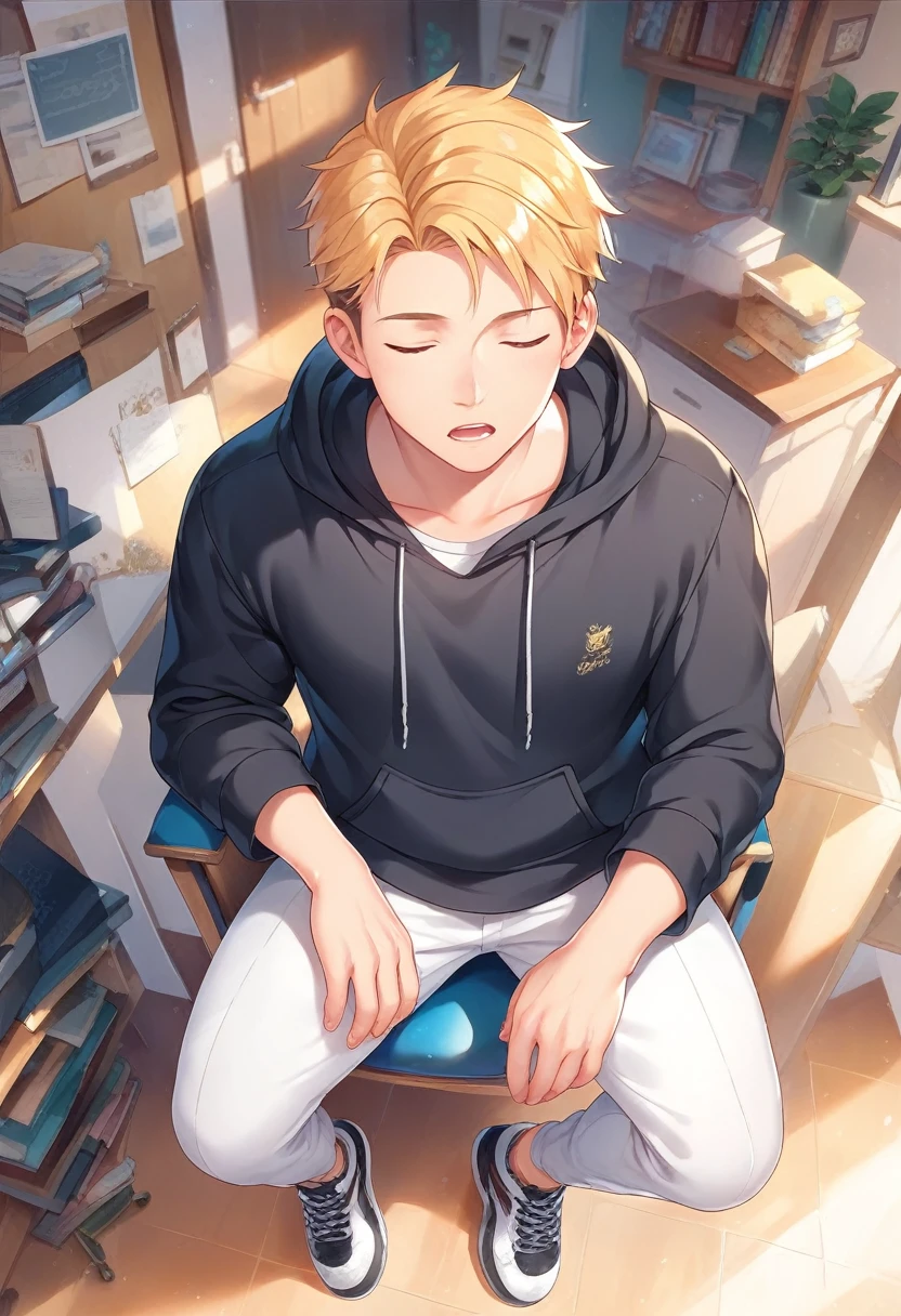masterpiece , best quality , high angle , inside room , full body , color , lineart , 1 boy , black hoodie shirt , golden hair , short hair , 20 years old , Handsome man , sit on a chair , sleeping face , close eyes , open mouth ,  white backqround , simple backqround ,