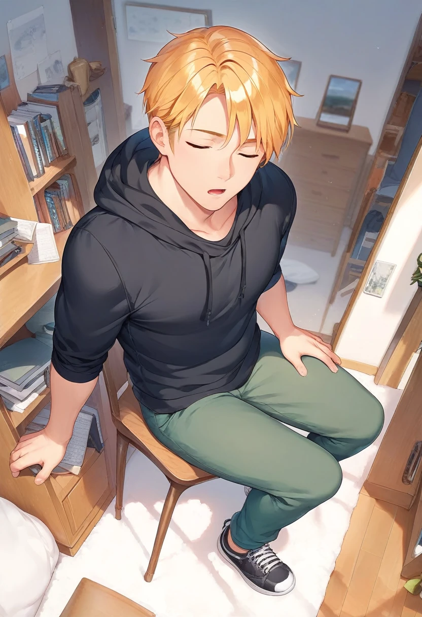masterpiece , best quality , high angle , inside room , full body , color , lineart , 1 boy , black hoodie shirt , golden hair , short hair , 20 years old , Handsome man , sit on a chair , sleeping face , close eyes , open mouth , white backqround , simple backqround ,