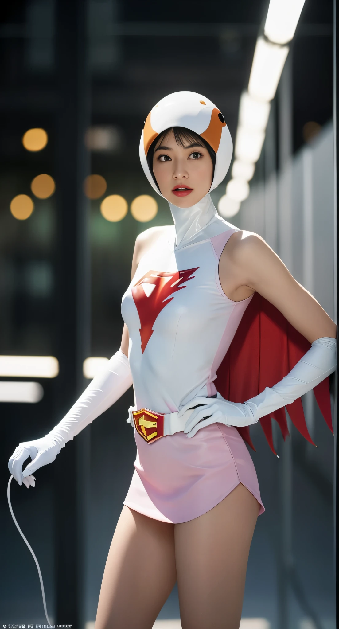 born photograph,Realistic,beautiful woman、Jun、straight,stop temporarily,Looking at the audience,break,
Year_Classic_Jun_Gatchaman_My wife,www.My wife.and,
Long Hair,beautifulface、素face、face面見えている、SHIELDThere is no、ミニ超ミニskirt、White panties、chest,Green Eyes,lips,medium chest,Blonde,lipstick,Compensate,
gloves,Cape,Helmet,belt,elbow gloves,white gloves,mask,skirt,leotard,Spacesuit,White legwear,Pink Dress,Superhero,Bodysuits,
Official Art,Highly detailed CG Unity 8K wallpaper, Perfect lighting,colorful, bright_front_face_Lighting,Shiny skin, (masterpiece:1.0),(Highest_quaLightingy:1.0), 超High resolution,4K,Very detailed, photograph shoot, 8K, High resolution, High resolution, (Confused:1.2), Kodak Portrait 400, Film Grain, Blurred Background, (Bokeh:1.2), Lens flare, (Vibrant_color:1.2),professional photographs, (beautiful_face:1.5),