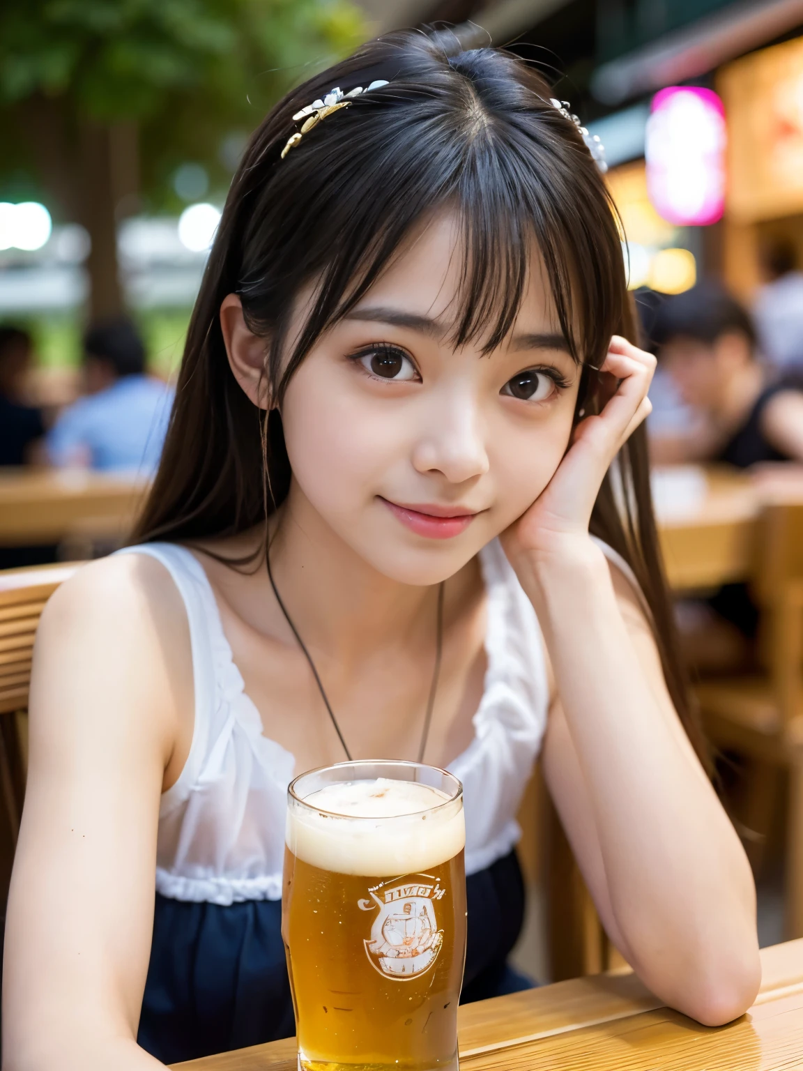 (Best-quality, Masterpiece, Ultra-High-Resolution, (Photorealistic:1.4), Raw Photo, depth of field, professional lighting, perfect anatomy, extremely details), 1girl, -yeld, thost famous Japanese idol, ((at outdoor terrace of Cafe, drinking beer)), looking at viewer, innocent smile, wearing summer-clothes with cute-design, ((extremely cute face like the most popular Japanese idol, ((extremely cute and extremely big eyes)), extremely realistic hair, extremely beautiful and extremely realistic skins)), extremely cute long-eyelashes, extremely cute lips, detailed beer