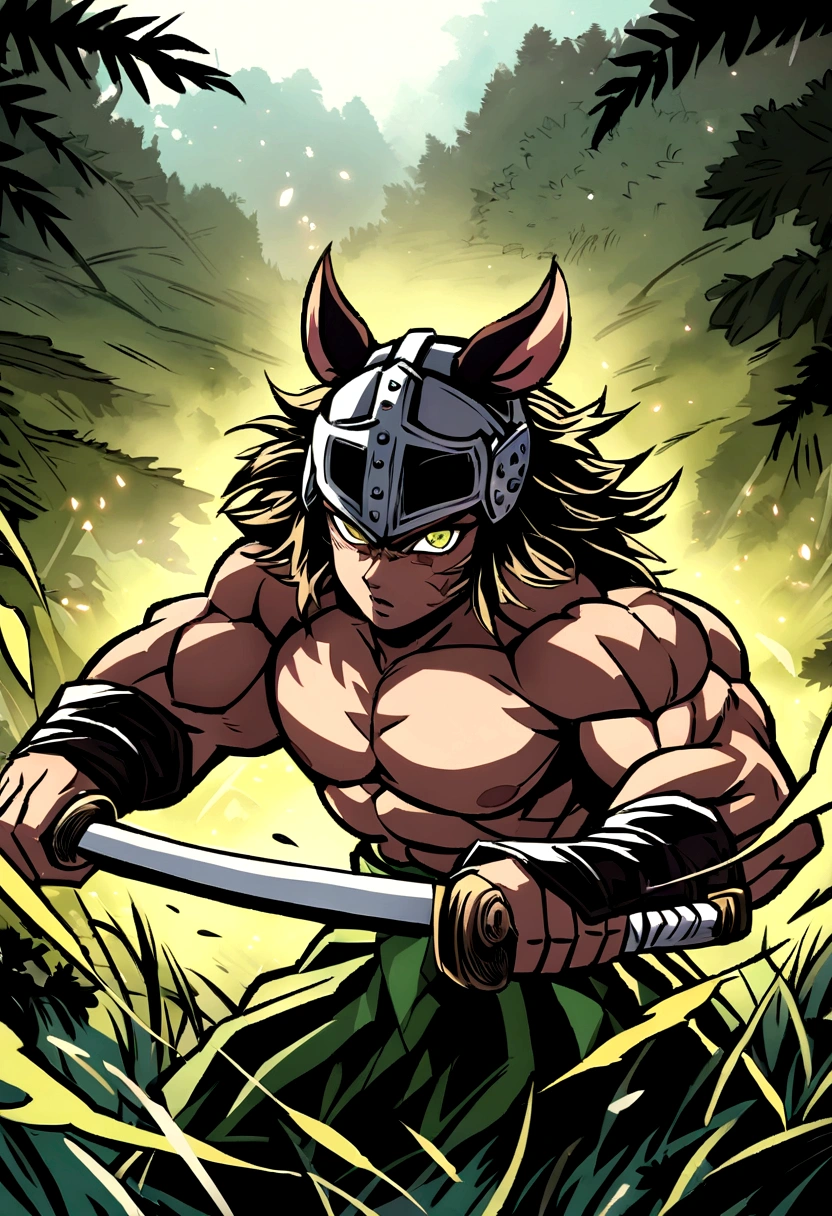 Create a detailed and dynamic illustration of Inosuke Hashibira from Demon Slayer: Kimetsu no Yaiba. Inosuke must be in an action pose, wielding his two Nichirin blades. He is wearing his signature boar&#39;s head helmet and his wild, muscular appearance is on display.. The background must feature a forest or a battlefield, reflecting the intense and adventurous nature of the series. The art style should be vibrant and detailed, capturing the energy and spirit of the character