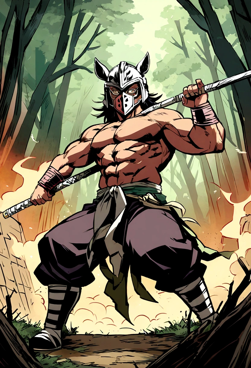 Create a detailed and dynamic illustration of Inosuke Hashibira from Demon Slayer: Kimetsu no Yaiba. Inosuke must be in an action pose, wielding his two Nichirin blades. He is wearing his signature boar's head helmet and his wild, muscular appearance is on display.. The background must feature a forest or a battlefield, reflecting the intense and adventurous nature of the series. The art style should be vibrant and detailed, capturing the energy and spirit of the character