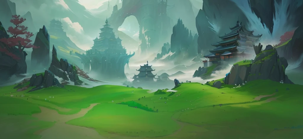 There is a landscape painting，A castle in the background, Onmyoji detailed art, Game Background, background technology, background technologywork, Onmyoji, Temple Background, 以Game concept art形式进行绘制, stylized concept art, Game concept art, Magic battlefield background, Start screen art, Arena Background, mobile Game Background, odin's stone Arena Background
