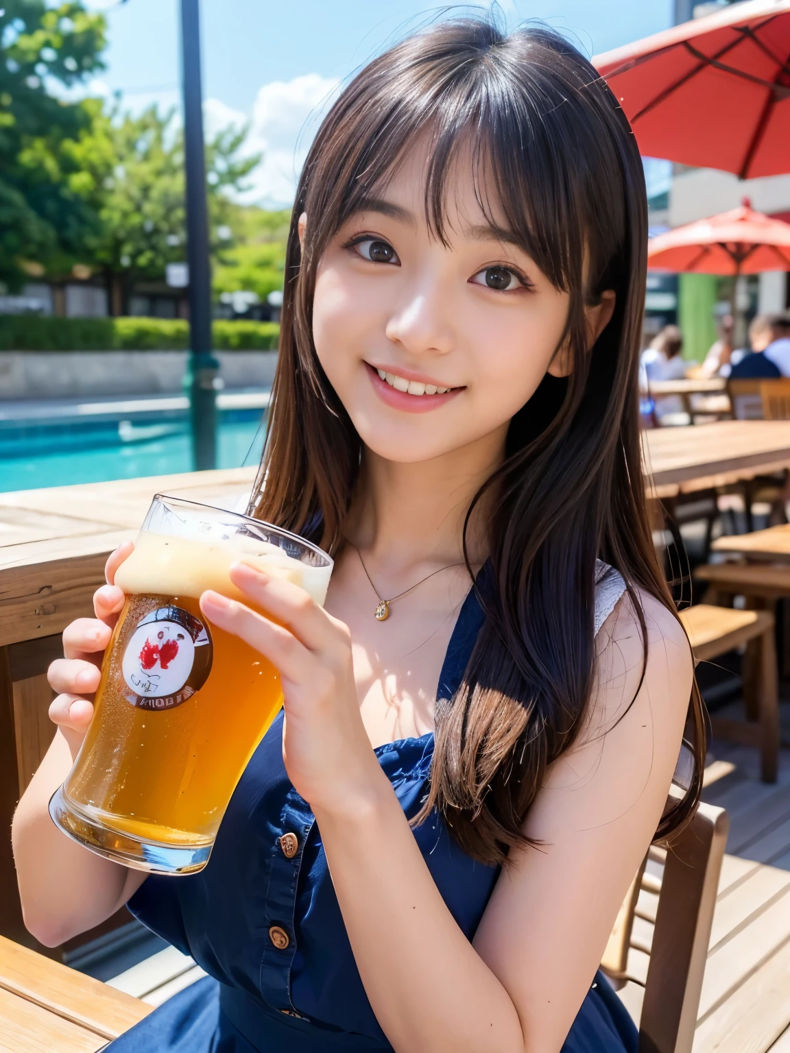 (Best-quality, Masterpiece, Ultra-High-Resolution, (Photorealistic:1.4), Raw Photo, depth of field, professional lighting, perfect anatomy, extremely details), 1girl, -yeld, thost famous Japanese idol, ((at outdoor terrace of Cafe, drinking beer)), looking at viewer, innocent smile, wearing summer-clothes with cute-design, ((extremely cute face like the most popular Japanese idol, ((extremely cute and extremely big eyes)), extremely realistic hair, extremely beautiful and extremely realistic skins)), extremely cute long-eyelashes, extremely cute lips, detailed beer