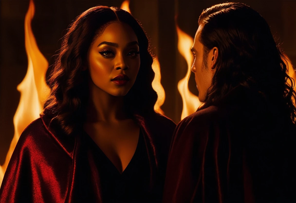 - Scene: Create an image of two people in love in a setting of mystery and passion.
- Woman's Appearance:
- Resembles Beyoncé
- Brown skin
- Long, golden blonde curly hair
- Confident and seductive expression
- Wearing a red dress, elegant and form-fitting
- Lips painted a deep, intense red
- Man's Appearance:
- Resembles Severus Snape
- Pale skin
- Large nose
- Black, straight hair falling around his face in a somber manner
- Serious and intense expression
- Wearing a black cloak, contrasting with the flames around them
- Atmosphere:
- Surrounded by flames, creating a mystical and fiery ambiance
- Soft lighting highlighting their faces, enhancing the sparkle in their eyes
- Flames adding an element of intensity and mystery to the scene
- They are close to each other, gazing intensely into each other's eyes, exuding a strong emotional connection