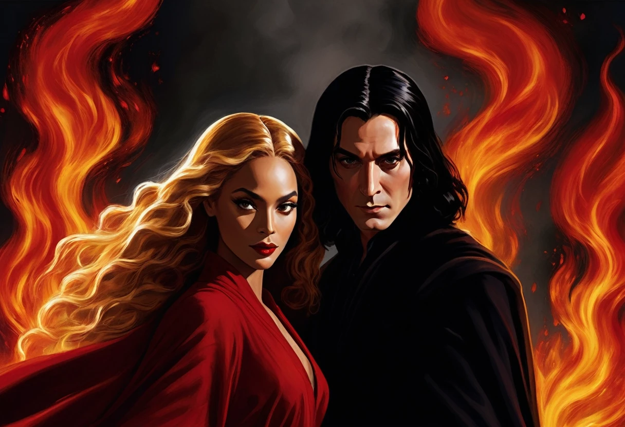 - Scene: Create an image of two people in love in a setting of mystery and passion.
- Woman's Appearance:
- Resembles Beyoncé
- Brown skin
- Long, golden blonde curly hair
- Confident and seductive expression
- Wearing a red dress, elegant and form-fitting
- Lips painted a deep, intense red
- Man's Appearance:
- Resembles Severus Snape
- Pale skin
- Large nose
- Black, straight hair falling around his face in a somber manner
- Serious and intense expression
- Wearing a black cloak, contrasting with the flames around them
- Atmosphere:
- Surrounded by flames, creating a mystical and fiery ambiance
- Soft lighting highlighting their faces, enhancing the sparkle in their eyes
- Flames adding an element of intensity and mystery to the scene
- They are close to each other, gazing intensely into each other's eyes, exuding a strong emotional connection