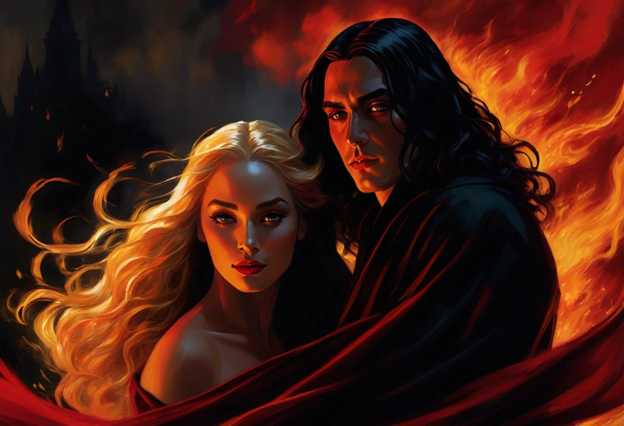 - Scene: Create an image of two people in love in a setting of mystery and passion.
- Woman's Appearance:
- Resembles Beyoncé
- Brown skin
- Long, golden blonde curly hair
- Confident and seductive expression
- Wearing a red dress, elegant and form-fitting
- Lips painted a deep, intense red
- Man's Appearance:
- Resembles Severus Snape
- Pale skin
- Large nose
- Black, straight hair falling around his face in a somber manner
- Serious and intense expression
- Wearing a black cloak, contrasting with the flames around them
- Atmosphere:
- Surrounded by flames, creating a mystical and fiery ambiance
- Soft lighting highlighting their faces, enhancing the sparkle in their eyes
- Flames adding an element of intensity and mystery to the scene
- They are close to each other, gazing intensely into each other's eyes, exuding a strong emotional connection