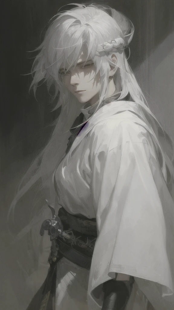 a close up of a person with white hair and a sword, white haired deity, with white long hair, with long white hair, artwork in the style of guweiz, white haired, guweiz, handsome guy in demon slayer art, beautiful character painting, by Yang J, white-haired, guweiz on pixiv artstation, anime character