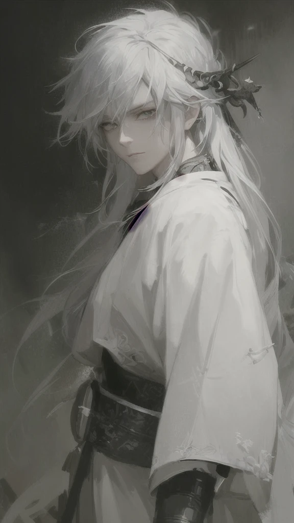 a close up of a person with white hair and a sword, white haired deity, with white long hair, with long white hair, artwork in the style of guweiz, white haired, guweiz, handsome guy in demon slayer art, beautiful character painting, by Yang J, white-haired, guweiz on pixiv artstation, anime character