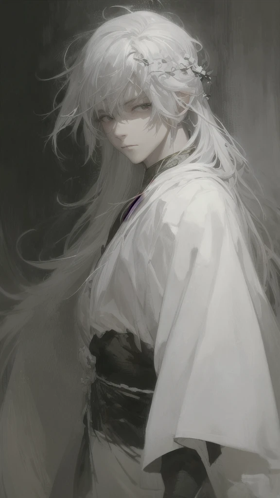 a close up of a person with white hair and a sword, white haired deity, with white long hair, with long white hair, artwork in the style of guweiz, white haired, guweiz, handsome guy in demon slayer art, beautiful character painting, by Yang J, white-haired, guweiz on pixiv artstation, anime character