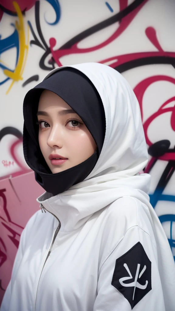 1girl, solo, pretty face, eyelashes, nose, glossy lips, (detailed eyes, looking at viewer, fair skin, white skin: 1.5), smooth skin, wearing hijab, 8k portrait of beauty in hijab, intricate, graceful, highly detailed, majestic, digital photography, hyper realistic, Masterpiece, Best Quality, All parts of the body except the face and hands are covered with clothing, Tudung, ((do not let the hair come out of the hijab)), full hijab, ((all parts of the body covered by clothes except the face)), Best Quality, (graffiti:1.5), paint splatter, jacket, On wall, paint can, looking at viewer, head slanted, clothing color (Wear a hooded military uniform), cyberpunk city
