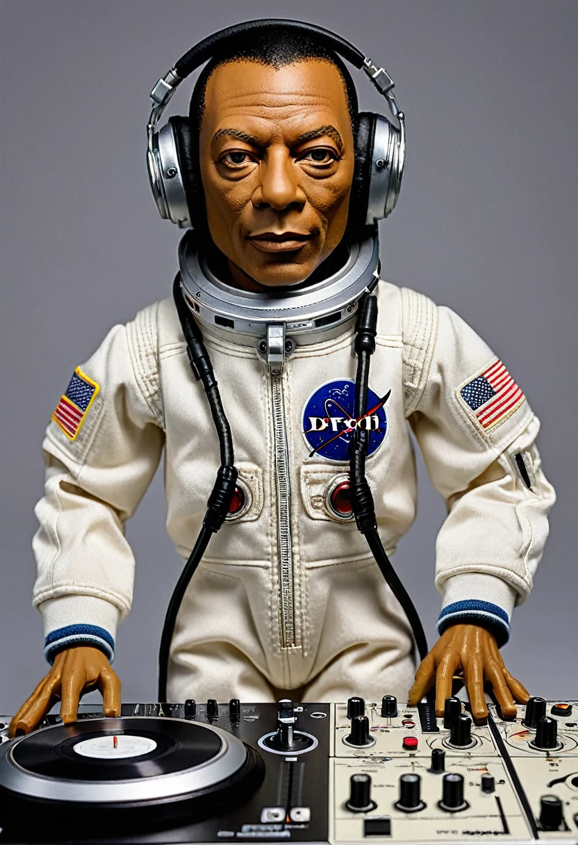 Articulated doll ( dj jeff mills ) detroit techno rosto realistico, 18cm, realisitic, blacksad, astronaut clothes, aparelho roland  tr 909 no chão,
 