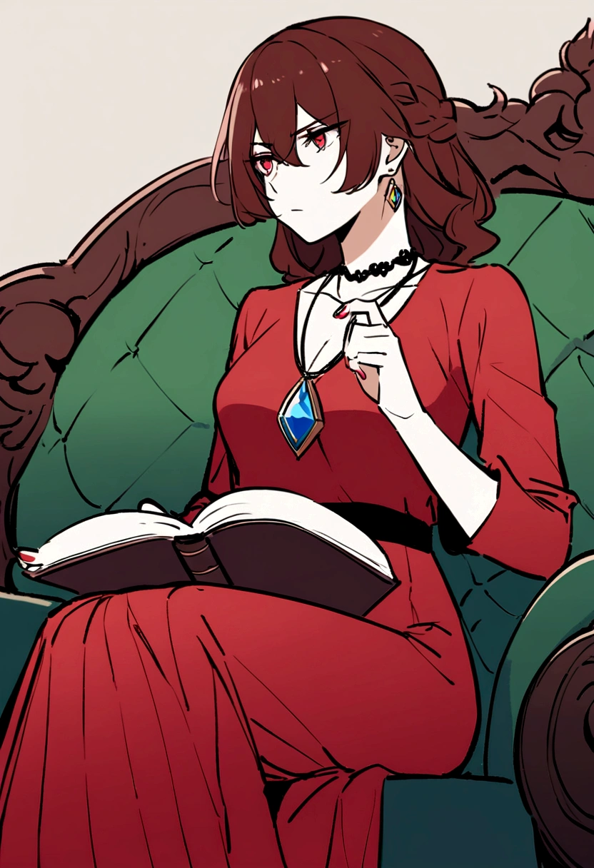 Drawing of a woman in a red dress sitting on a sofa,Holding a diary,Wearing a necklace with a Tuscan-colored gemstone pendant,Exquisite makeup,The temperament of the superior,Cold eyes,An angry look,Beautiful artwork illustration,有新海诚Cyril Rolando、Cyril Rolando和藤田五郎,Cyril Rolando,灵感来自Cyril Rolando,In the style of atey ghailan,Shinkai Makoto style
