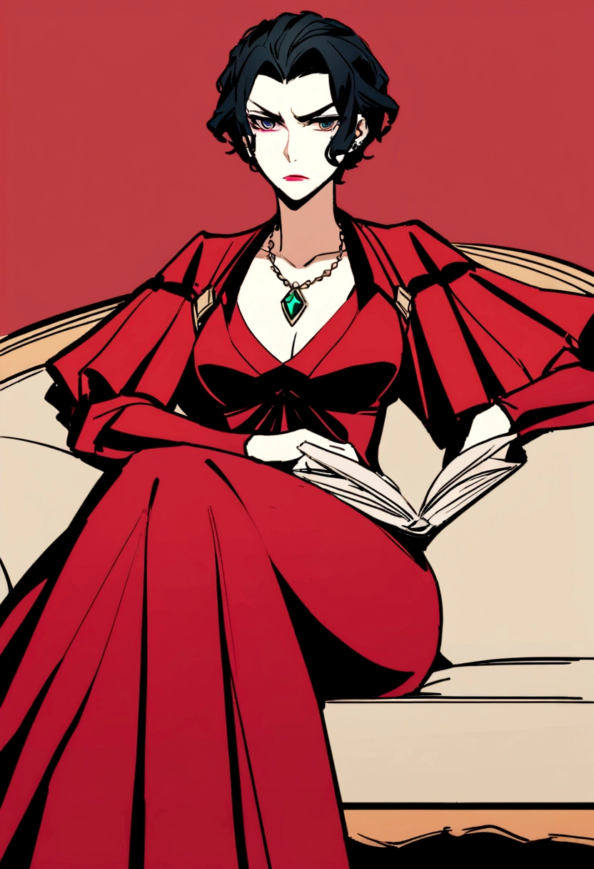 Drawing of a woman in a red dress sitting on a sofa,Holding a diary,Wearing a necklace with a Tuscan-colored gemstone pendant,Exquisite makeup,The temperament of the superior,Cold eyes,An angry look,Beautiful artwork illustration,有新海诚Cyril Rolando、Cyril Rolando和藤田五郎,Cyril Rolando,灵感来自Cyril Rolando,In the style of atey ghailan,Shinkai Makoto style