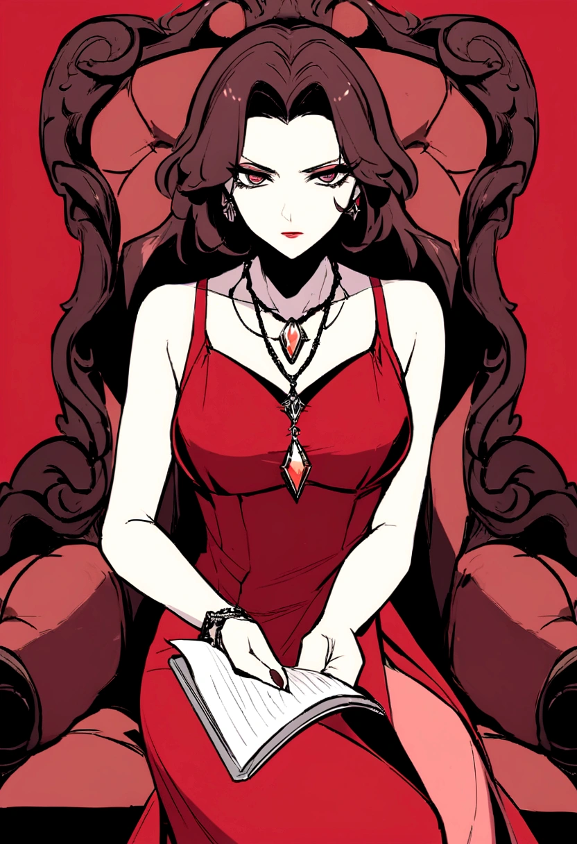 Drawing of a woman in a red dress sitting on a sofa，Holding a diary，Wearing a necklace with a Tuscan-colored gemstone pendant，Exquisite makeup，The temperament of the superior，Cold eyes，An angry look，Beautiful artwork illustration，有新海诚Cyril Rolando、Cyril Rolando和藤田五郎，Cyril Rolando，灵感来自Cyril Rolando，In the style of atey ghailan，Shinkai Makoto style