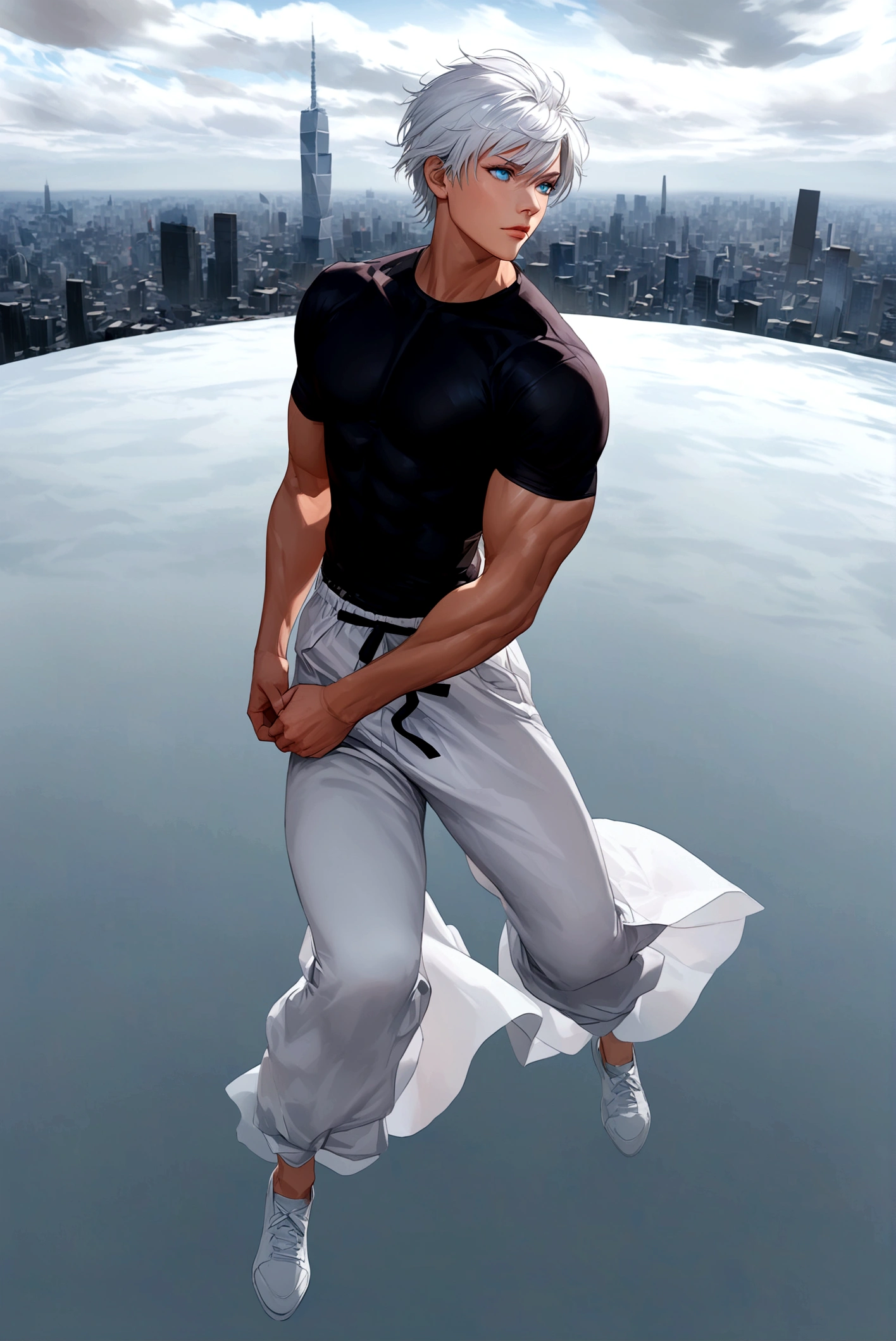 (original) , (very detailed wallpaper) , (Best quality) , (masterpiece) , photographic reality, realistic, very detailed illustrations , Beautiful eyes, perfect detail, (better lighting) , (super intricate details) , ultra detailed, , when,, 4K unified, (Super detailed computer graphics: 1.2) , (8 k: 1.2) , drawn ,soft hands, man levitates in the sky, white wide leg pants, black tight T-shirt, Detailed face, Blue eyes, White hair, muscular body, (Detailed ???????), clear muscles, Anime, Satoru Gojo, city in the background, Tokyo in the background, Face-to-face, full length, in front of the camera