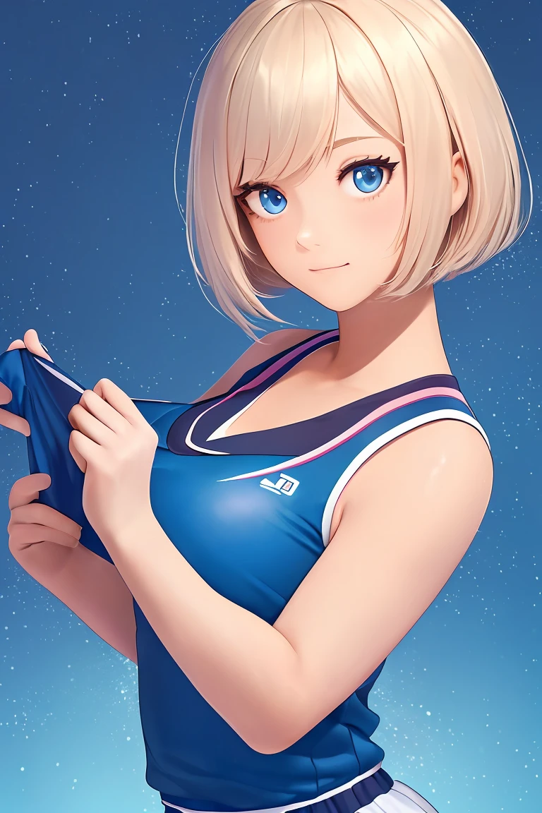 a cut girl with sort hair, wearing tennis sport uniform, standing sideways,Left side face, full-body, clean background, full body shot:1.2, Detailed face, detailed eyes, detailed nose, detailed mouth,((UHD,masterpiece,super detail,award winning:1.4,best quality:1.2,highres,high quality))