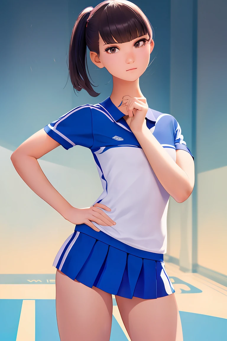 a cut girl with sort hair, wearing tennis sport uniform, standing sideways,Left side face, full-body, clean background, full body shot:1.2, Detailed face, detailed eyes, detailed nose, detailed mouth,((UHD,masterpiece,super detail,award winning:1.4,best quality:1.2,highres,high quality))