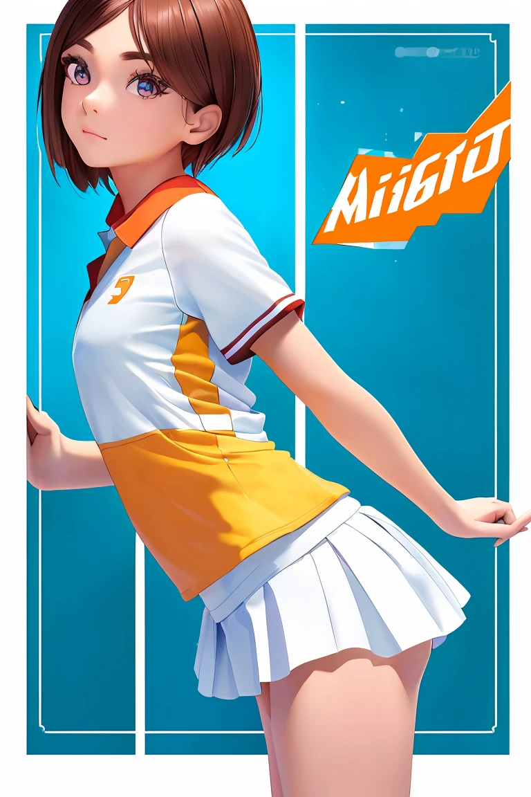 a cut girl with sort hair, wearing tennis sport uniform, standing sideways,Left side face, full-body, clean background, full body shot:1.2, Detailed face, detailed eyes, detailed nose, detailed mouth,((UHD,masterpiece,super detail,award winning:1.4,best quality:1.2,highres,high quality))