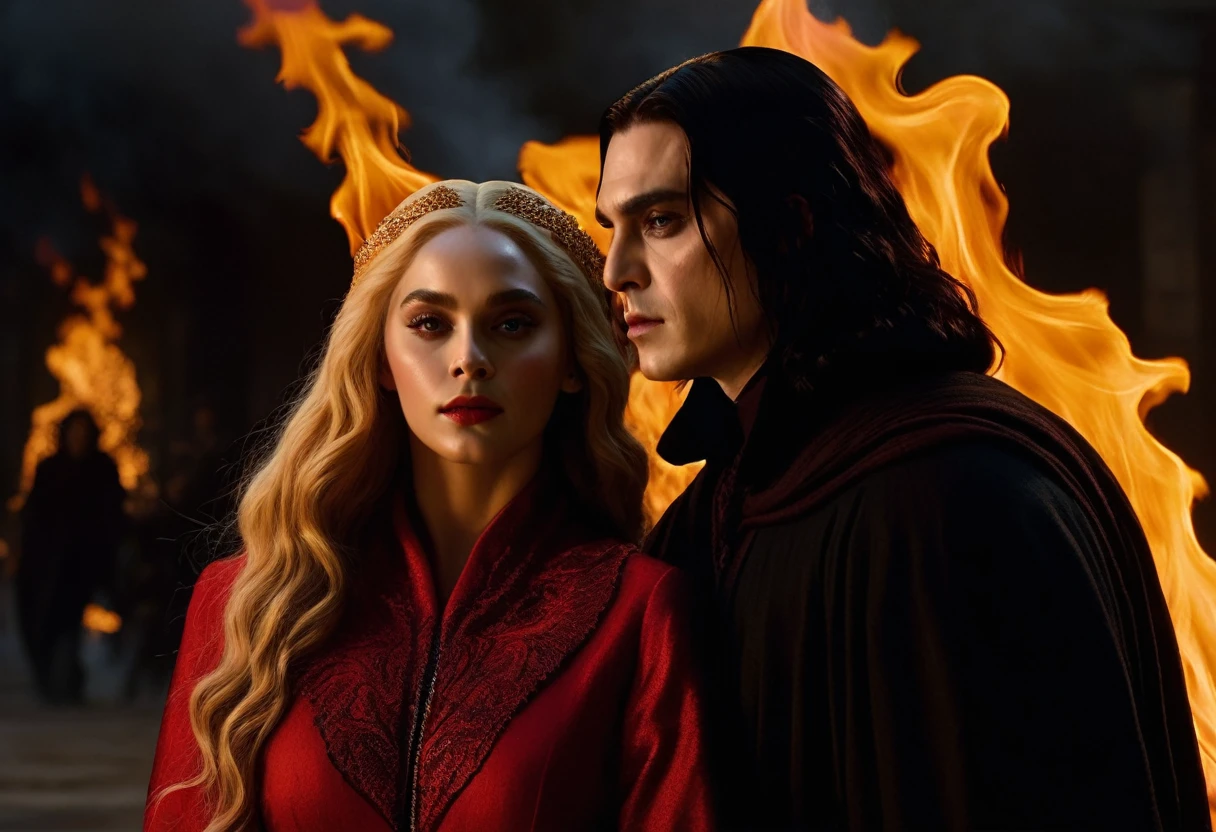 
- Scene: Create an image of two people in love in a setting of mystery and passion.
  
- Woman's Appearance:
  - Resembles Beyoncé
  - Brown skin
  - Long, golden blonde curly hair
  - Confident and  expression
  - Wearing a red dress, elegant and form-fitting
  - Lips painted a deep, intense red

- Man's Appearance:
  - Resembles Severus Snape
  - Pale skin
  - Large nose
  - Black, straight hair falling around his face in a somber manner
  - Serious and intense expression
  - Wearing a black cloak, contrasting with the flames around them

- Atmosphere:
  - Surrounded by flames, creating a mystical and fiery ambiance
  - Soft lighting highlighting their faces, enhancing the sparkle in their eyes
  - Flames adding an element of intensity and mystery to the scene
  - They are close to each other, gazing intensely into each other's eyes, exuding a strong emotional connection
