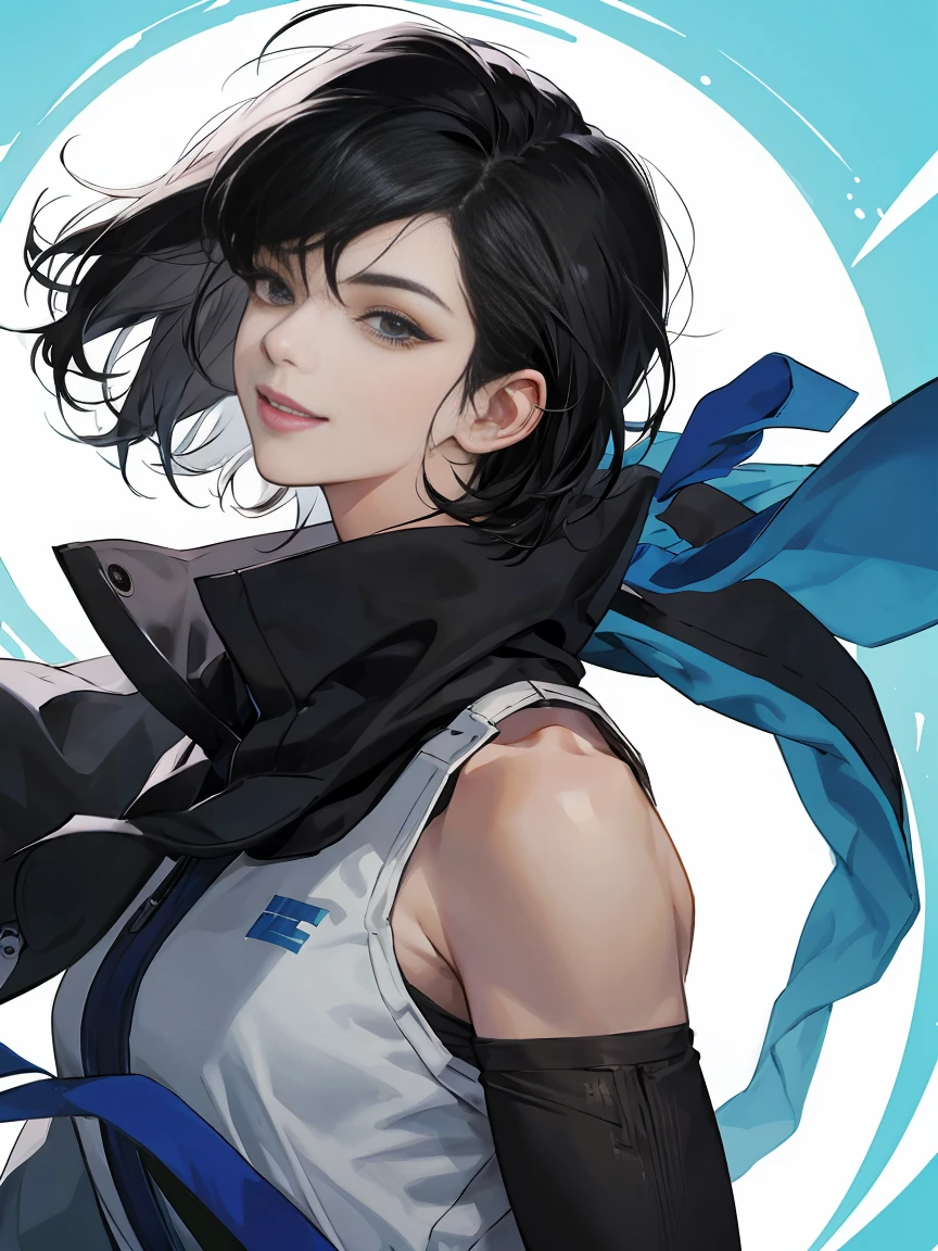modern, under a clear blue sky, anime style, chiaroscuro, UHD, masterpiece, anatomically correct, textured skin, high details, super detail, best quality, (extreamly delicate and beautiful:1.2), 8K, (tmasterpiece, best:1.0), (( very short black hair)), short black Quiff hair with Soft Fringe, bangs part on side 5:5 ratio, wearing a loose black sleeve, thin, (sports style), a frontal view of a face looking to the right, displaying a sly smile, Korean illustration style.