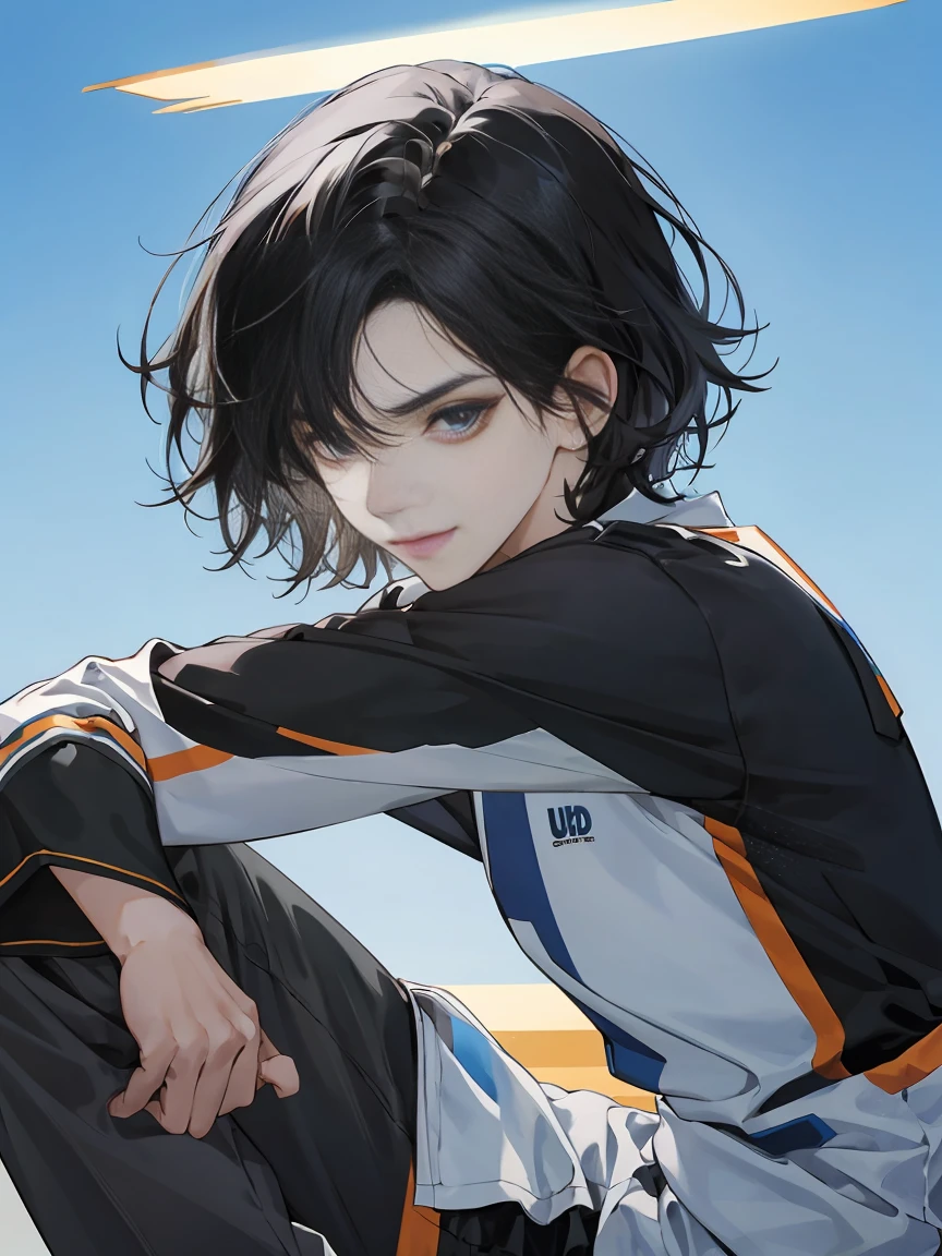 modern, under a clear blue sky, anime style, chiaroscuro, UHD, masterpiece, anatomically correct, textured skin, high details, super detail, best quality, (extreamly delicate and beautiful:1.2), 8K, (tmasterpiece, best:1.0), (( very short black hair)), short black Quiff hair with Soft Fringe, bangs part on side 5:5 ratio, wearing a loose black sleeve, thin, (sports style), a frontal view of a face looking to the right, displaying a sly smile, Korean illustration style.