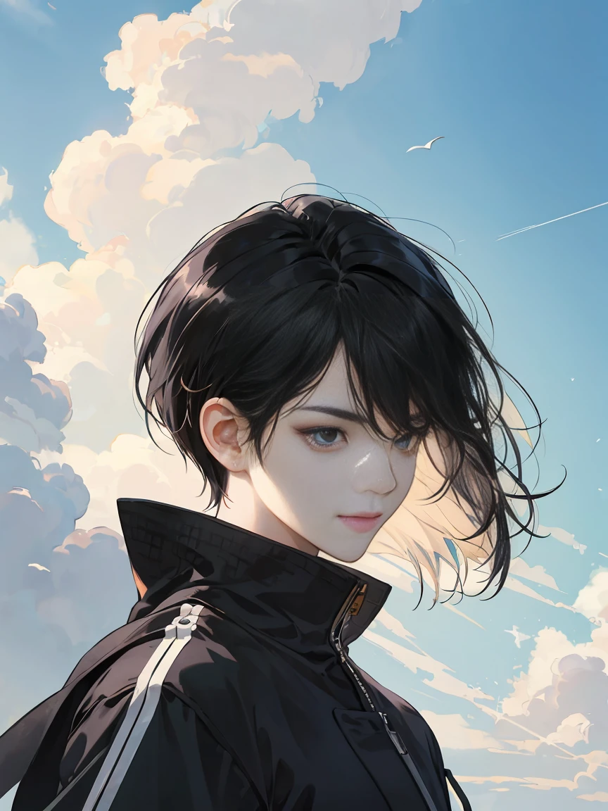 modern, under a clear blue sky, anime style, chiaroscuro, UHD, masterpiece, anatomically correct, textured skin, high details, super detail, best quality, (extreamly delicate and beautiful:1.2), 8K, (tmasterpiece, best:1.0), (( very short black hair)), short black Quiff hair with Soft Fringe, bangs part on side 5:5 ratio, wearing a loose black sleeve, thin, (sports style), a frontal view of a face looking to the right, displaying a sly smile, Korean illustration style.