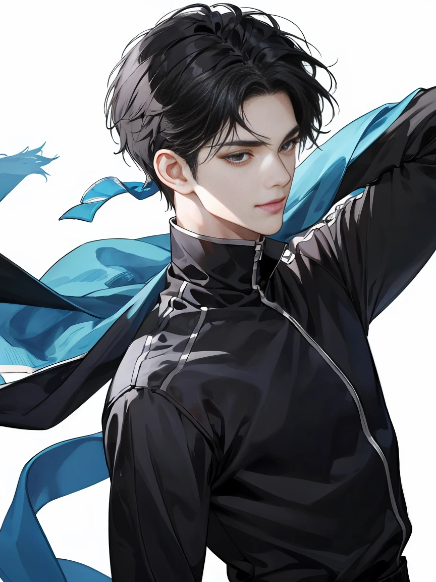 modern, under a clear blue sky, anime style, chiaroscuro, UHD, masterpiece, anatomically correct, textured skin, high details, super detail, best quality, (extreamly delicate and beautiful:1.2), 8K, (tmasterpiece, best:1.0), (( very short black hair)), short black Quiff hair with Soft Fringe, bangs part on side 5:5 ratio, wearing a loose black sleeve, thin, (sports style), a frontal view of a face looking to the right, displaying a sly smile, Korean illustration style.