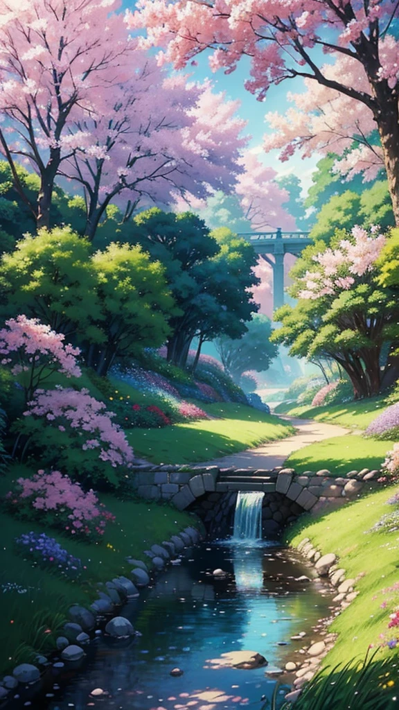 a painting of a pathway leading to a river with trees and flowers, beautiful anime scenery, anime scenery, beautiful anime scene, anime landscape, anime beautiful peace scene, anime nature, anime nature wallpap, anime landscape wallpaper, scenery artwork, anime background art, anime countryside landscape, scenery wallpaper, scenery art detailed, anime background, beautiful cityscape