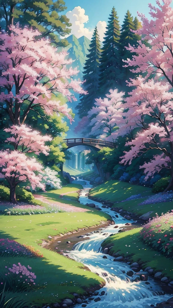a painting of a pathway leading to a river with trees and flowers, beautiful anime scenery, anime scenery, beautiful anime scene, anime landscape, anime beautiful peace scene, anime nature, anime nature wallpap, anime landscape wallpaper, scenery artwork, anime background art, anime countryside landscape, scenery wallpaper, scenery art detailed, anime background, beautiful cityscape